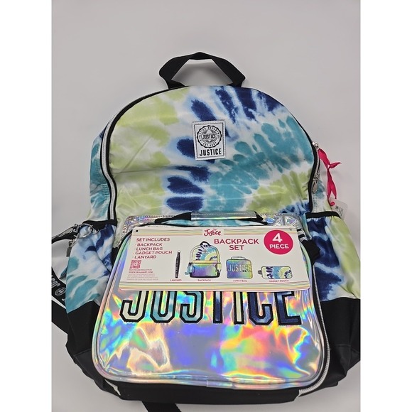 Justice 3 Pc Backpack/Lanyard-Lunch&Gadget Bags/Tie dye-Bluegreens/Shinning Trim - Picture 7 of 7